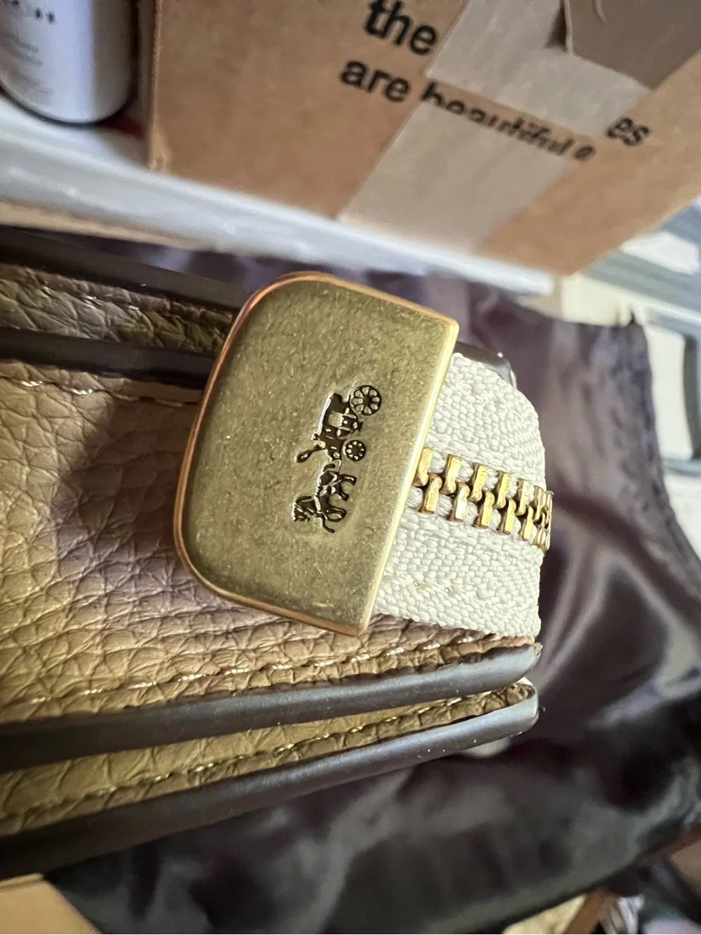 Coach Two-Tone Chalk & Dark Brown Pebbled Leather Crossbody & Gold Chain NWT